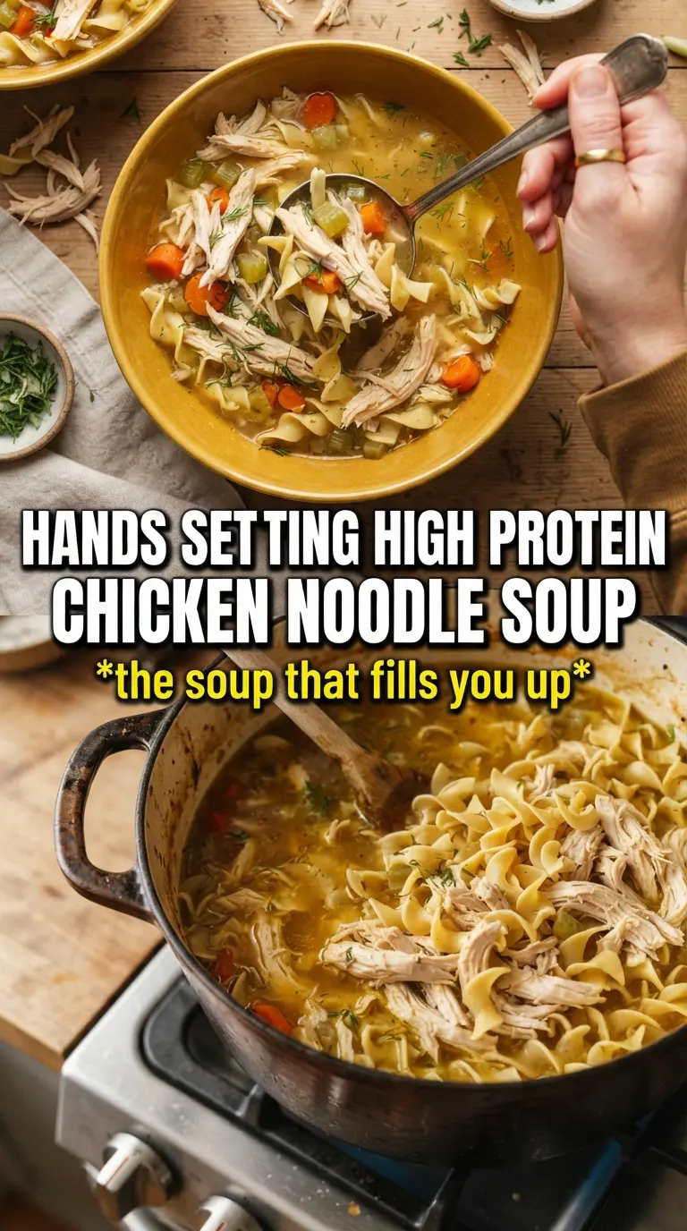 High protein chicken noodle soup golden broth chickpeas lemon