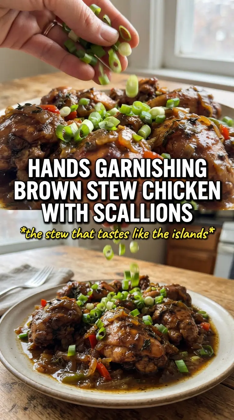 Brown Stew Chicken deep mahogany gravy, Jamaican-spiced, fall-apart tender