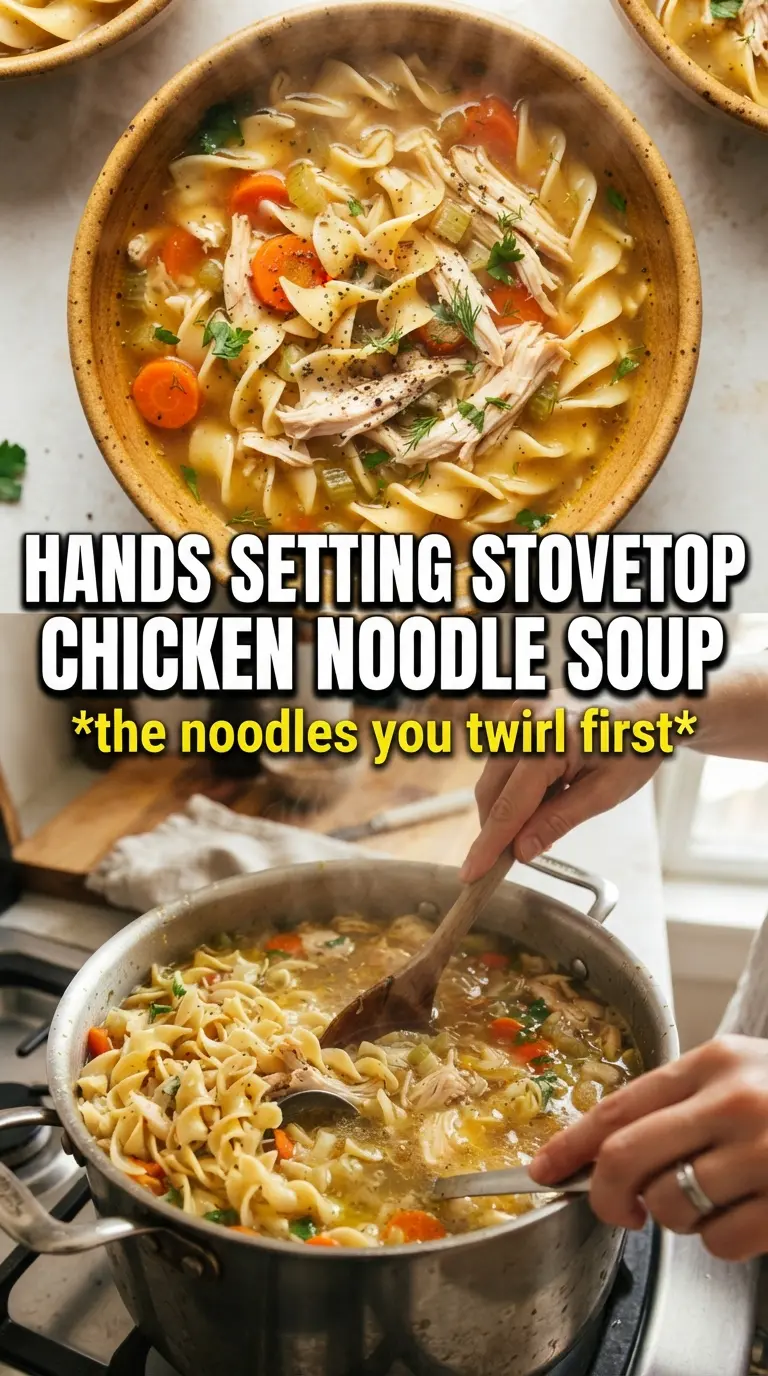 Stovetop Chicken Noodle Soup clear broth, shredded chicken, egg noodles
