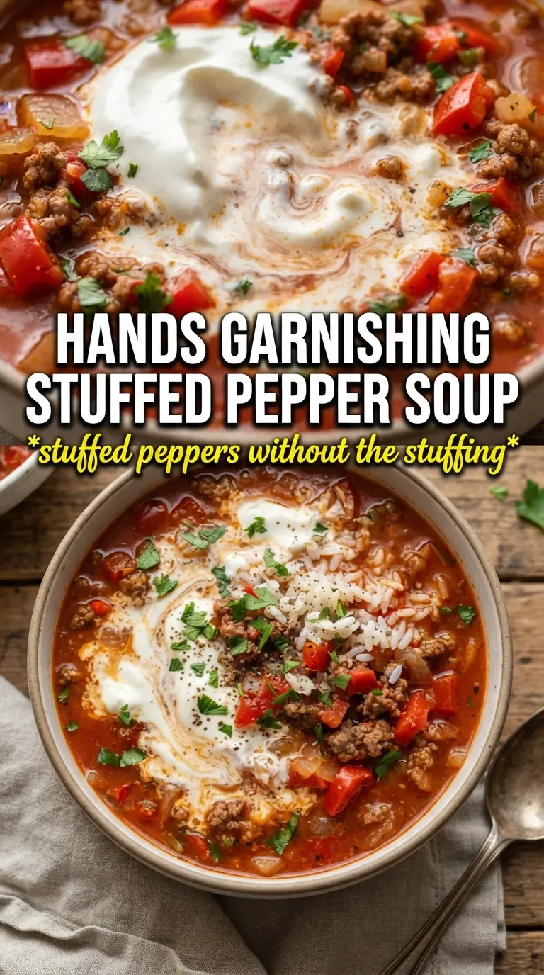 Stuffed Pepper Soup hearty tomato broth, cheesy, one-pot