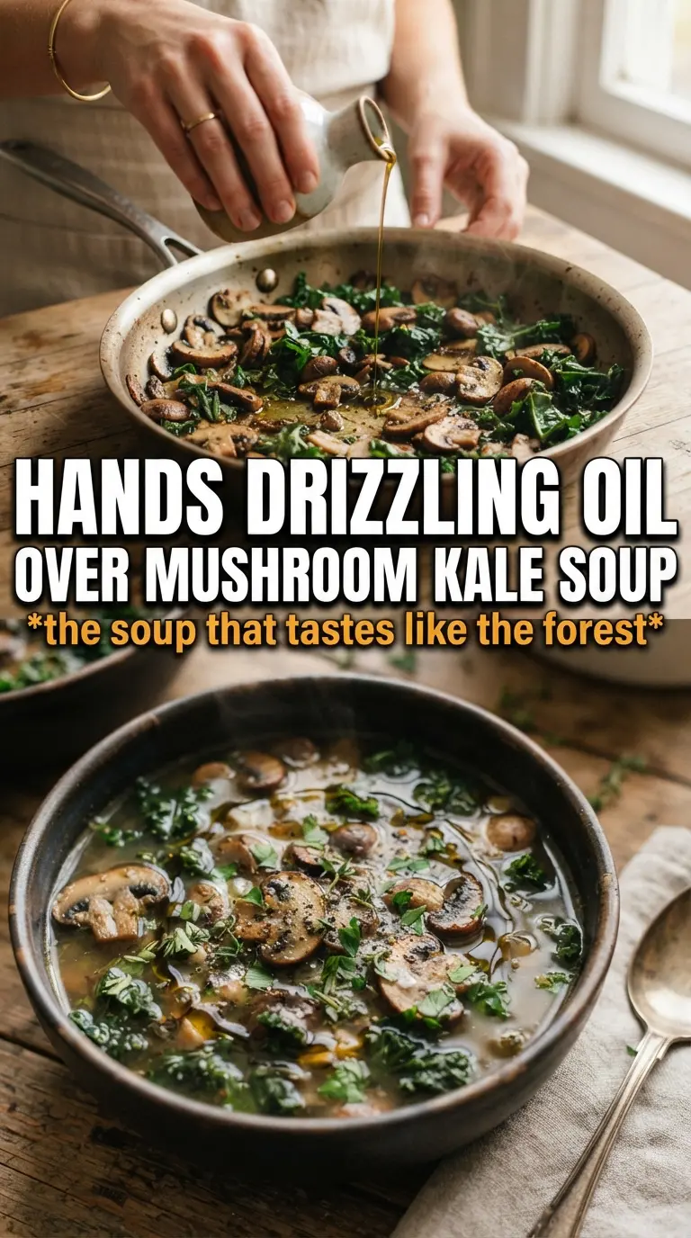 Wild Mushroom Caramelized Onion and Kale Soup, earthy savory rustic